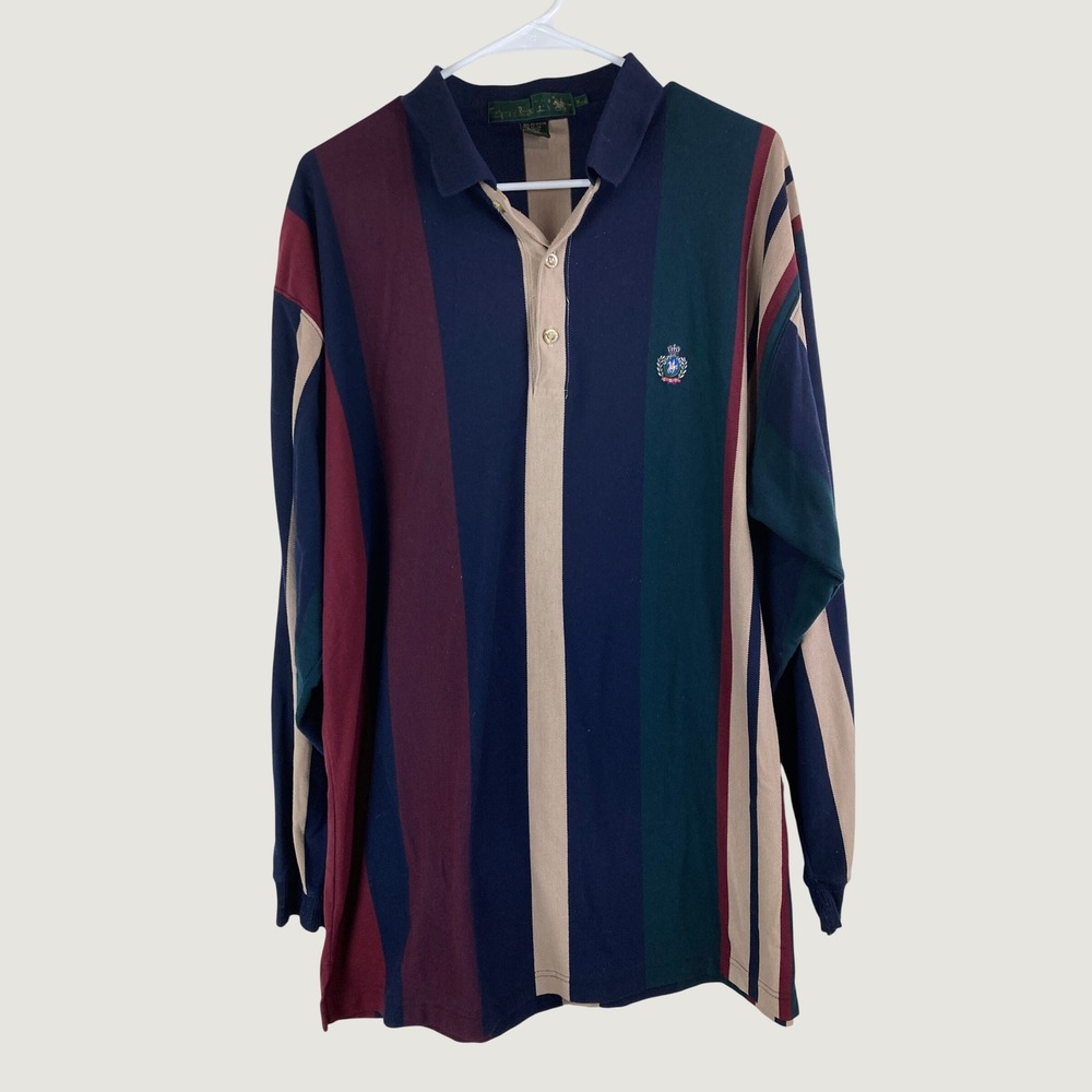 Vtg 90s Knights of Round Table Polo Shirt Men XL Multi Stripe Long Sleeve Crest